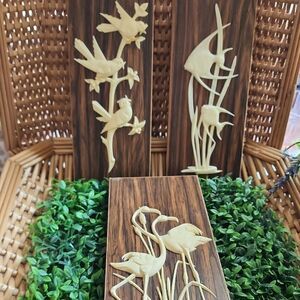 Vintage Trio Of Celluloid & Wood Panel Wall Art